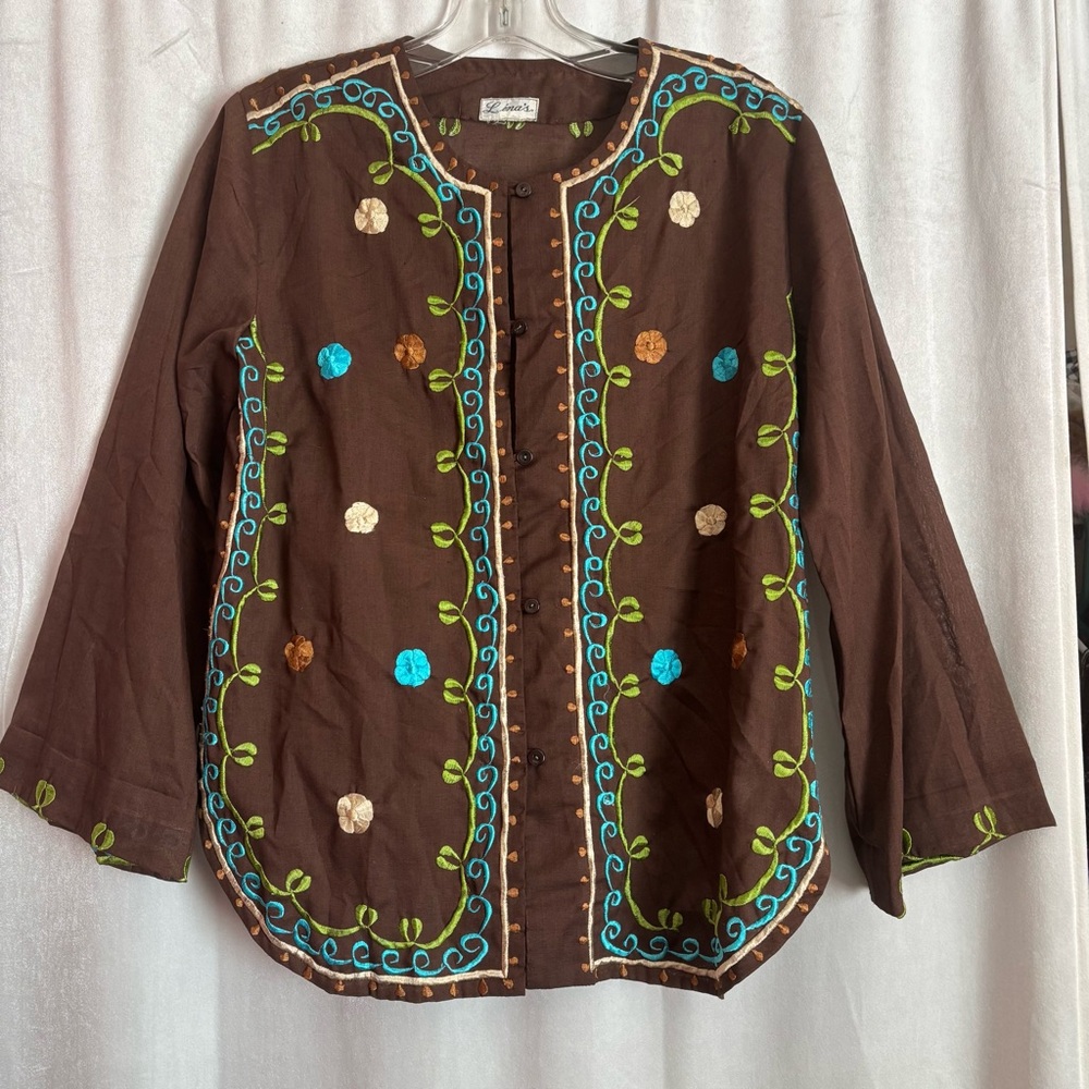 Vtg Brown Embroidered Floral Long Sleeve Button Up Top